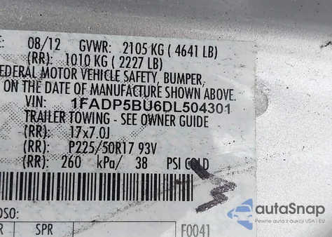 2013 Ford C-Max Hybrid Sel z USA, uszkodzony, nr VIN 1FADP5BU6DL504301